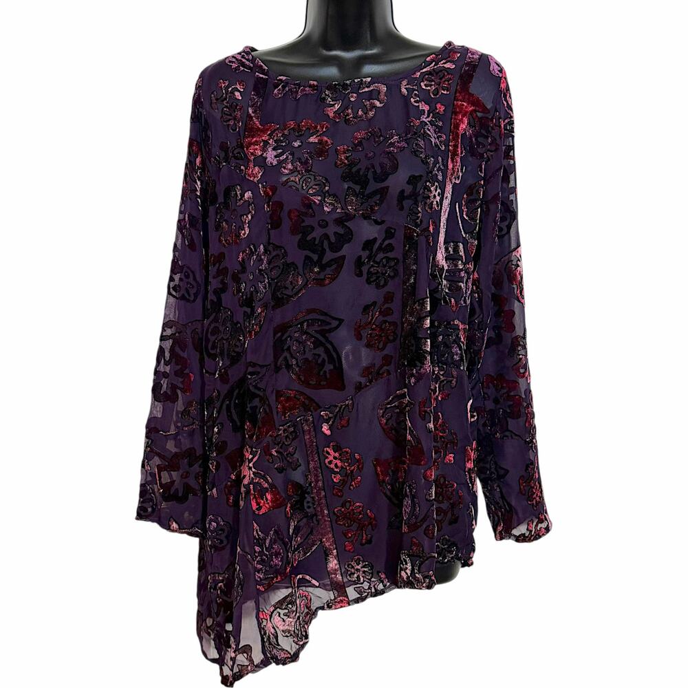 Vtg 90s West End Devore Velvet Blouse L Purple Floral Asymmetric Whimsygoth Top